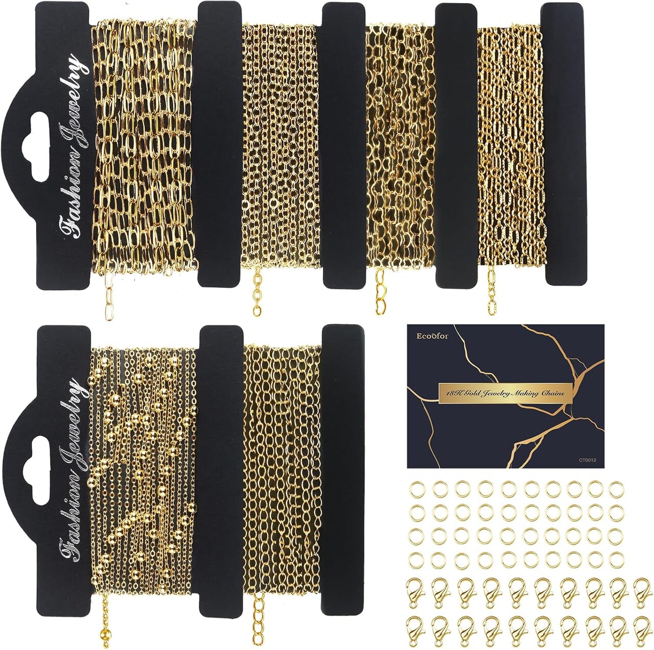 14K Gold Necklace & Bracelet Chains for Jewelry Making – 6 Rolls, 20 Feet Total, Includes Jump Rings & Lobster Clasps for DIY Jewelry Crafts